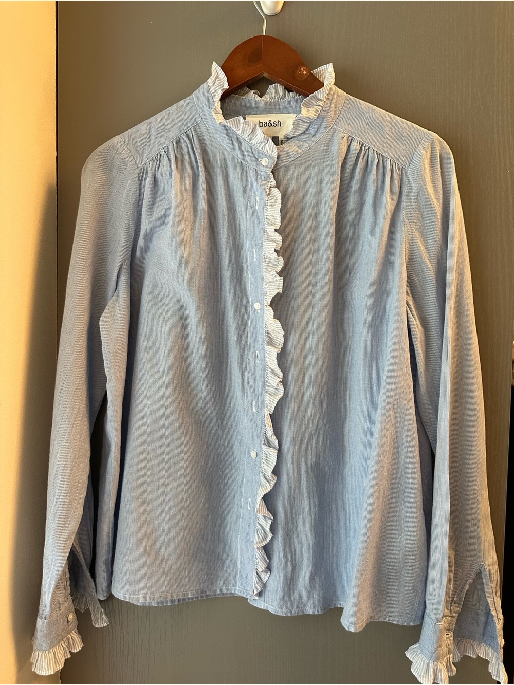 ba&sh M Light Blue Ruffle-Trim Button Down Shirt